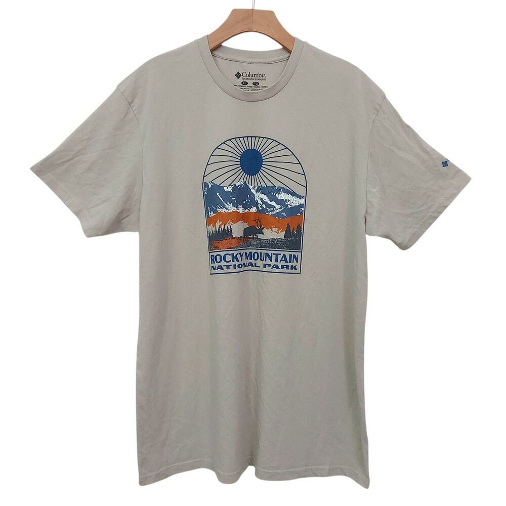 Columbia Mens XL Beige Rocky Mountain National Park Graphic Tee Elk Outdoors